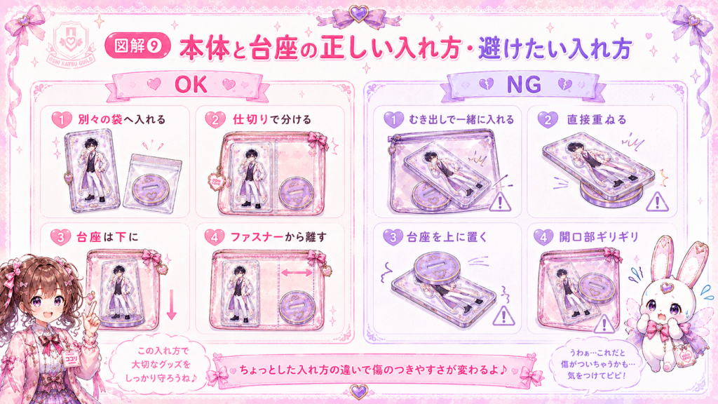 アクスタ本体と台座を袋や仕切りで分ける正しい入れ方と、重ねて収納する避けたい入れ方