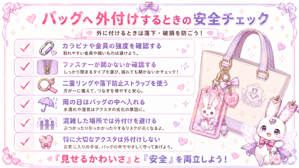 アクスタケースをバッグへ外付けするときの金具、ファスナー、落下防止、雨や混雑への安全対策