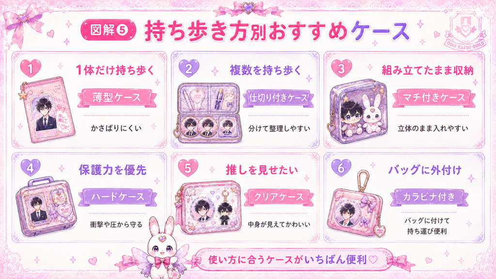 1体持ちや複数持ち、組み立て収納、保護重視、外付けなど持ち歩き方別のおすすめアクスタケース