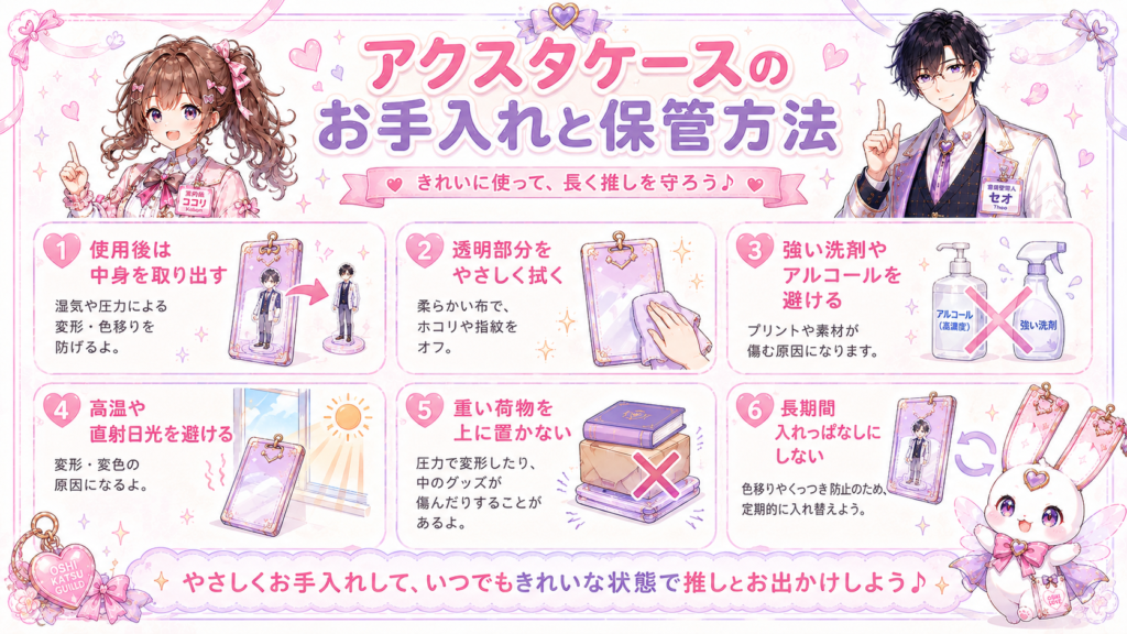 アクスタケースの中身を取り出して拭き、高温や直射日光、重い荷物を避けて保管する方法