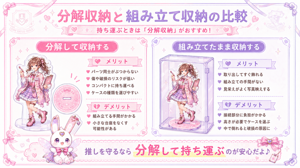 アクスタを本体と台座に分けて収納する方法と、組み立てたまま収納する方法のメリットとデメリット