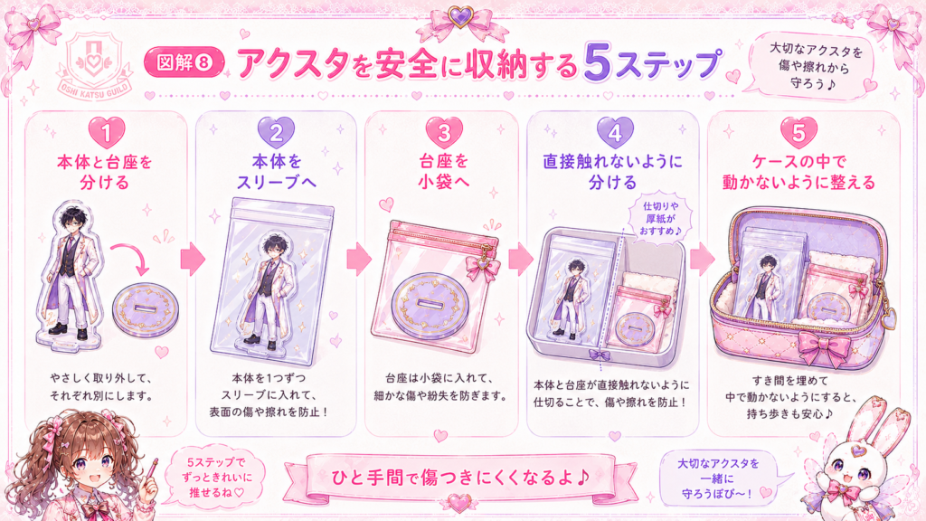 アクスタ本体と台座を分けて保護し、ケースの中で動かないように収納する5ステップ