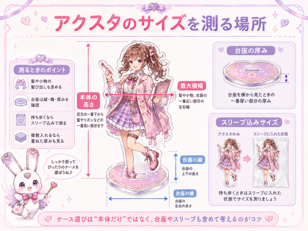 アクスタ本体の高さと横幅、台座の縦横と厚み、スリーブ込みサイズの測り方を示す図解