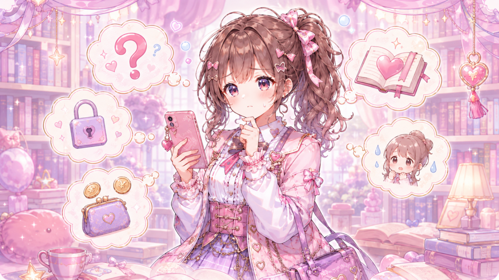 スマホを見ながら、BL漫画を読む場所や料金、周りに見られないかなどの不安について考えているココリの画像