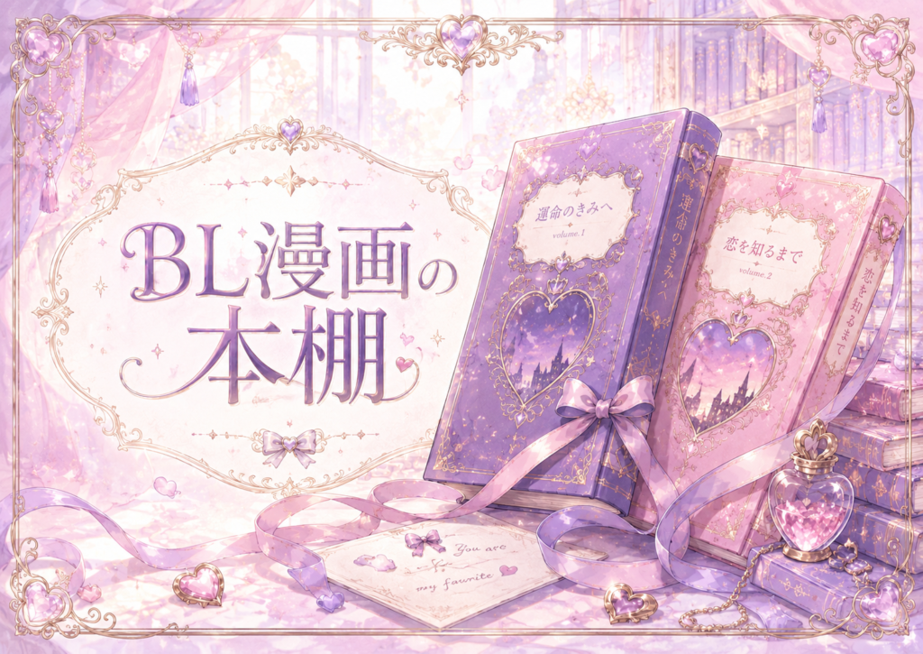 ロマンティックで可愛い雰囲気の中にBL漫画の世界観を表現した、推し活ギルドのBL漫画カテゴリ用カード画像