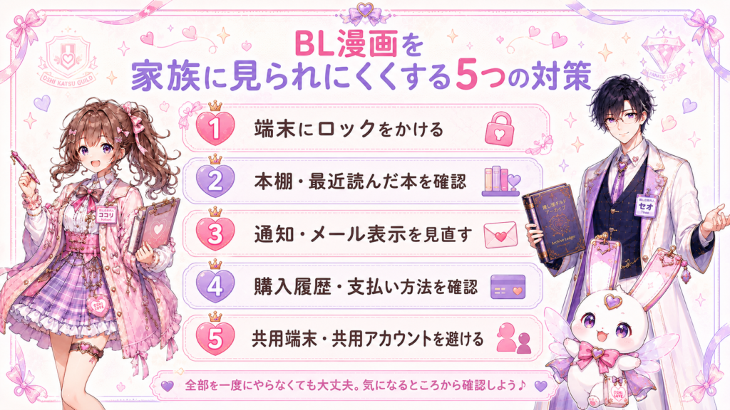 BL漫画を家族に見られにくくするための端末ロック、本棚、通知、購入履歴、共用端末の5つの対策