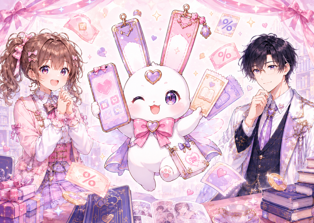 ピピィがスマホやクーポンを持ち、BL漫画を無料試し読みやキャンペーンでお得に楽しむ方法を紹介している画像