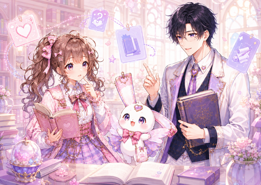 ココリが知らない用語や作品設定について考え、セオとピピィがやさしく説明している画像