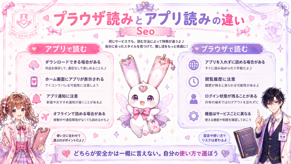 BL漫画をブラウザとアプリで読む場合の履歴、通知、ダウンロード、ログイン状態の違いを比較した図解