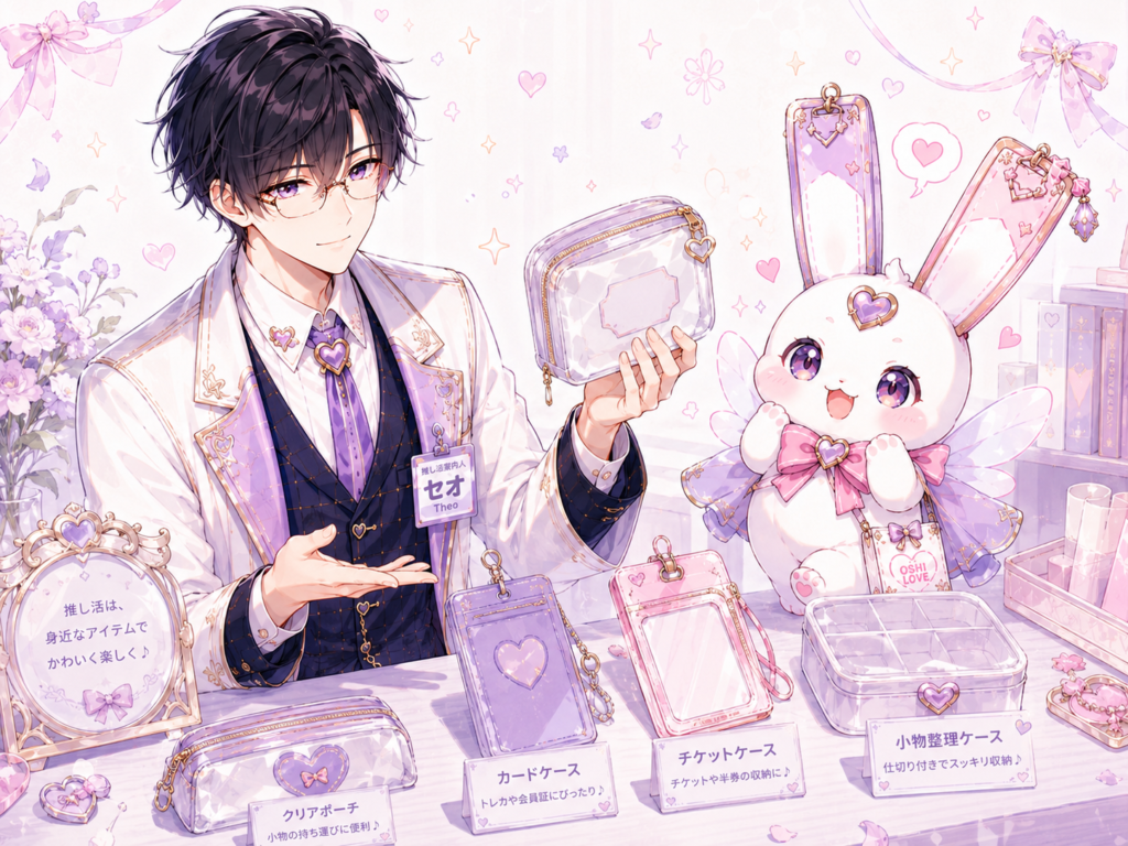 ココリがリボンやチャームでかわいく飾った推し活用アクスタケースを持つイラスト