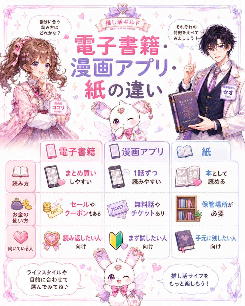 電子書籍ストア・漫画アプリ・紙の単行本について読み方や料金、向いている人の違いを比較した図解