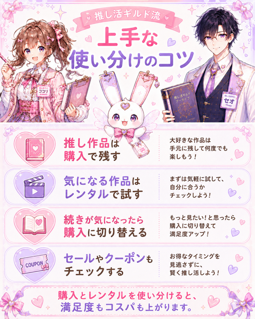 漫画を何度も読み返したいかや続刊を追いたいかなどから電子書籍の購入とレンタルを選ぶ流れを紹介する図解
