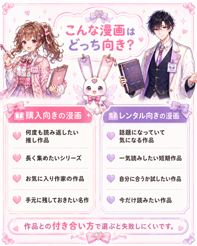 何度も読み返したい推し作品など購入向きの漫画と、一度読んでみたい作品などレンタル向きの漫画を比較した図解