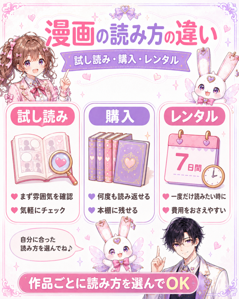 電子書籍の試し読み、購入、レンタルの違いとそれぞれに向いている漫画の読み方を比較した図解