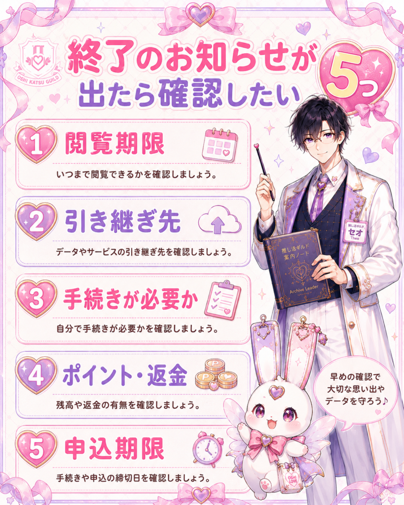 電子書籍サービス終了のお知らせが出たときに確認したい閲覧期限、引き継ぎ先、手続き、返金、申込期限の5項目