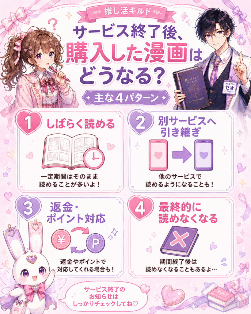 電子書籍サービス終了後に購入した漫画がしばらく読める、別サービスへ引き継がれる、返金対応、読めなくなる4つの可能性