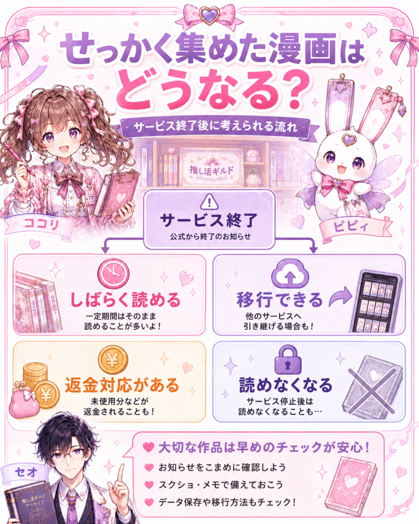電子書籍サービス終了後にせっかく集めた漫画がどうなるかを4つのパターンで解説した図解