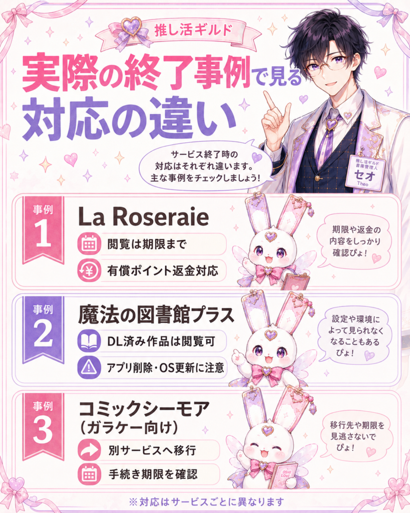 La Roseraie、魔法の図書館プラス、フィーチャーフォン向けコミックシーモアのサービス終了時の対応事例