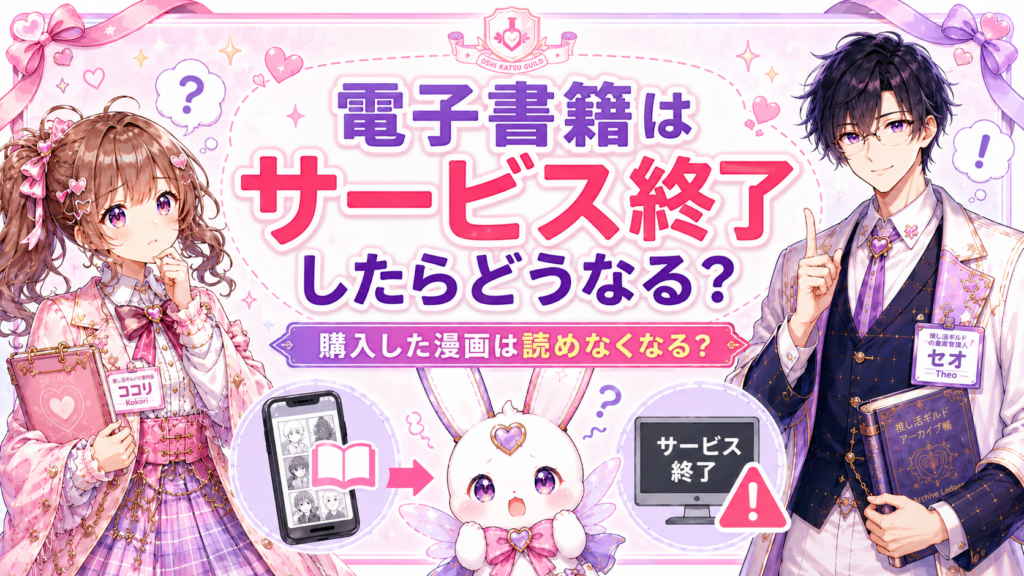 ココリ・セオ・ピピィと一緒に電子書籍サービス終了後に購入した漫画が読めなくなるのかを解説するアイキャッチ画像