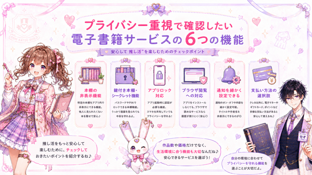 本棚の非表示や鍵付き本棚、アプリロック、ブラウザ閲覧など電子書籍サービスで確認したい6つの機能