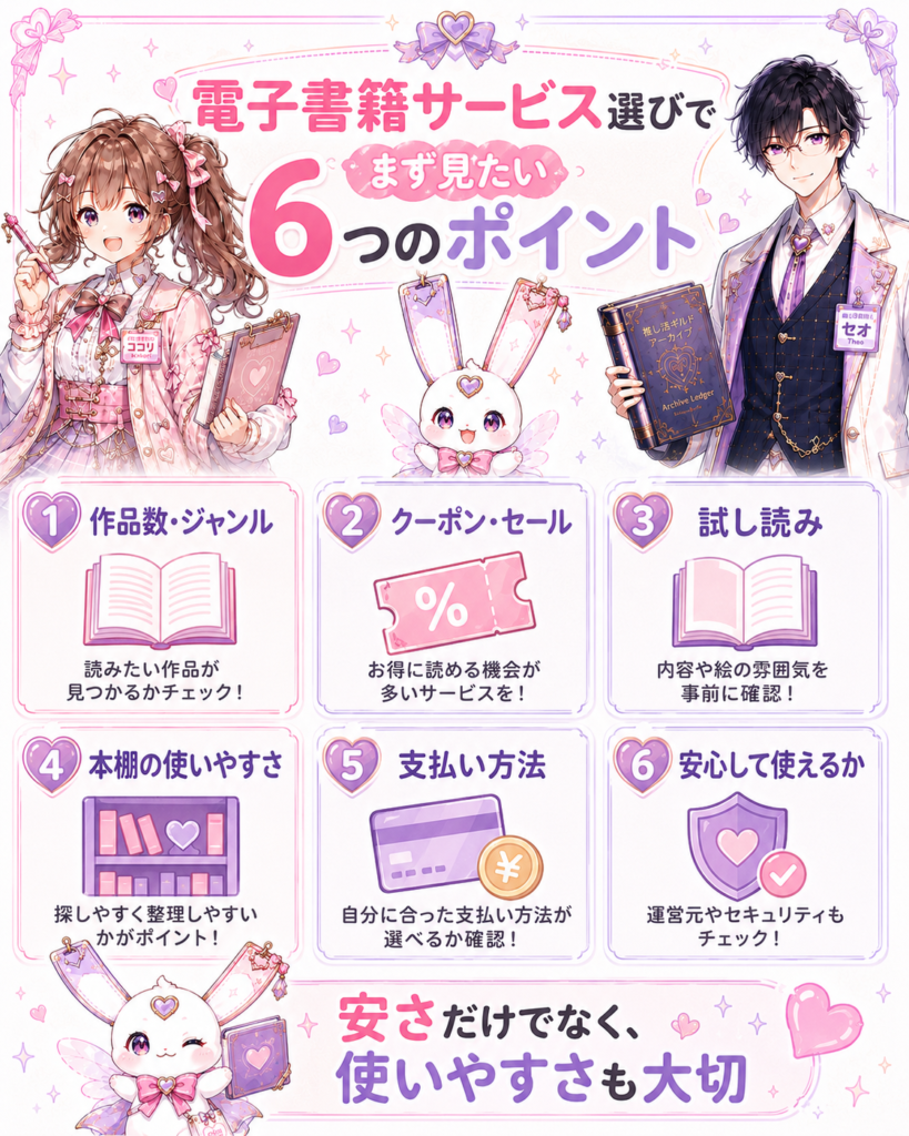 電子書籍サービスを選ぶときに確認したい作品数やジャンル、クーポン、試し読み、本棚、支払い方法、安心感の6つのポイント