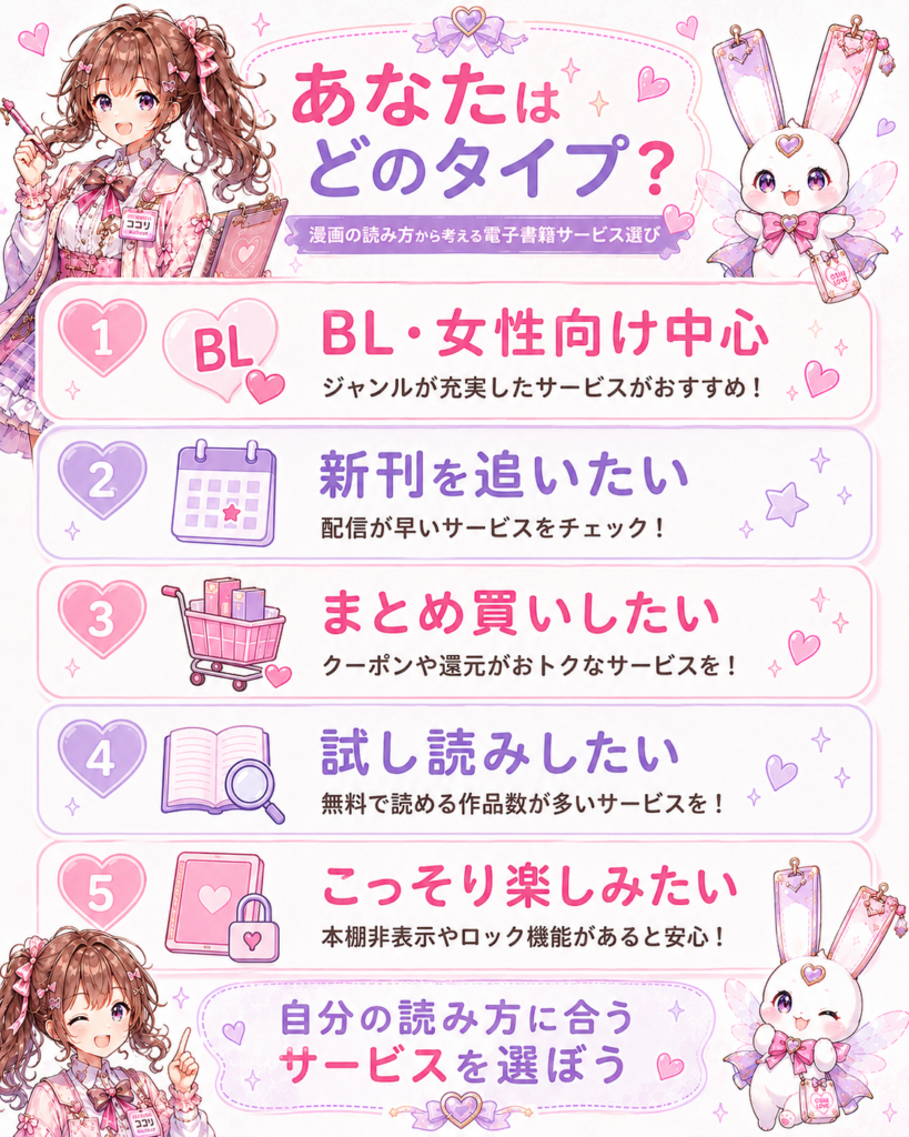 BLや女性向け漫画、新刊、まとめ買い、試し読み、プライバシーなど漫画の読み方別に電子書籍サービスの選び方を紹介した図解