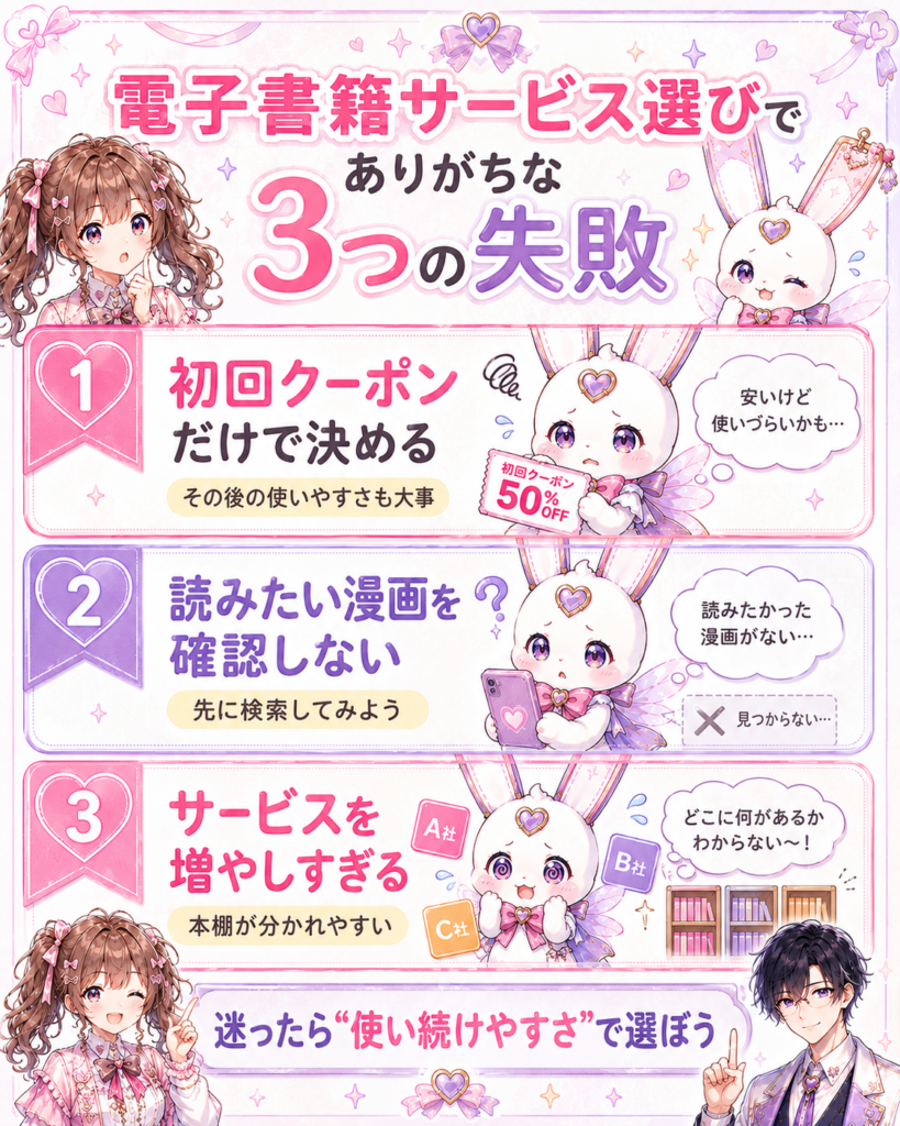 初回クーポンだけで決める、読みたい漫画を確認しない、サービスを増やしすぎる電子書籍サービス選びの3つの失敗