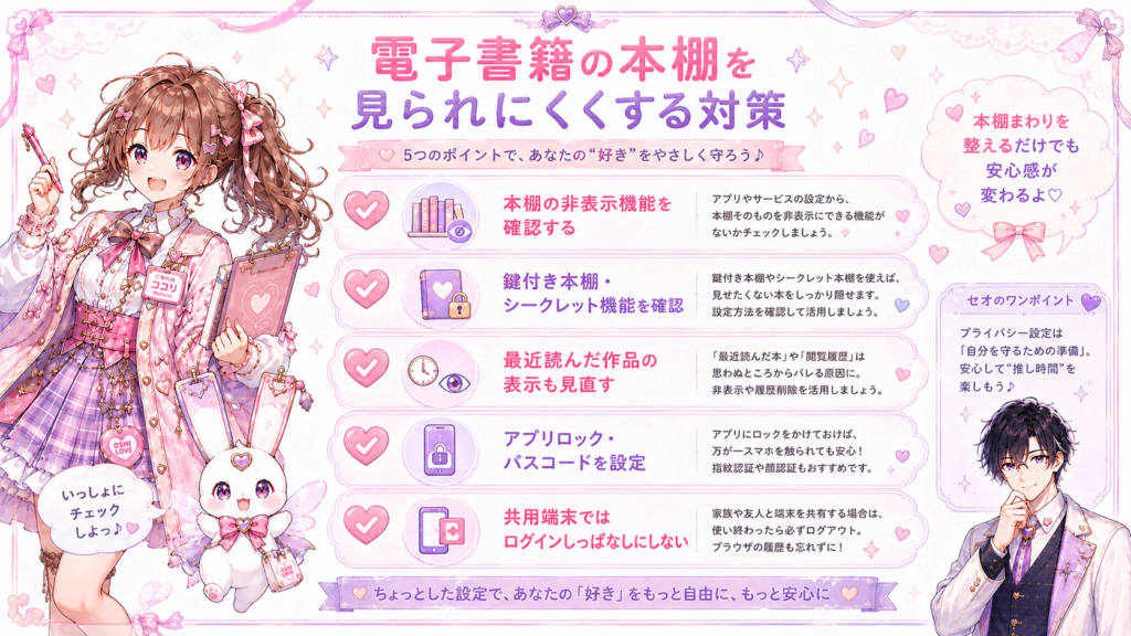 電子書籍の本棚を見られにくくする非表示機能、鍵付き本棚、アプリロック、ログアウトの対策