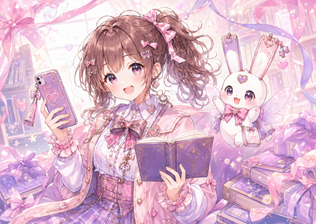 ココリがスマホと本を持ち、ピピィと一緒に自分のペースでBL漫画を楽しもうと応援している画像