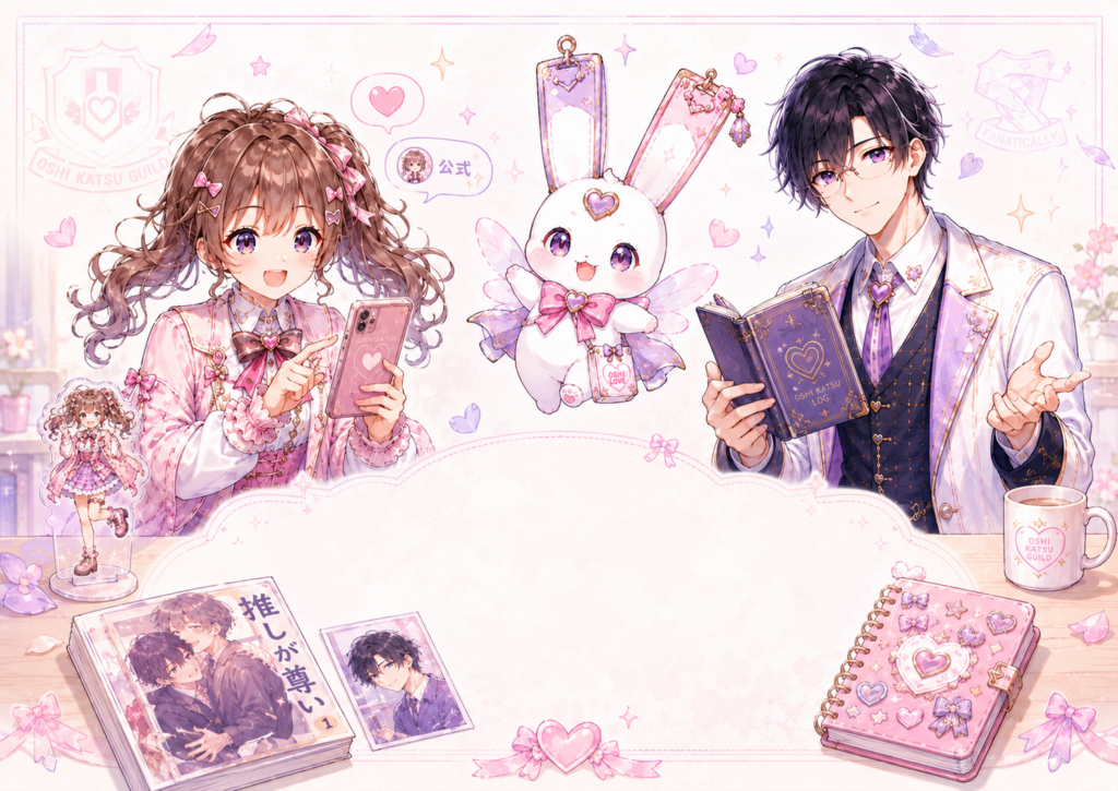 ココリ、セオ、ピピィが公式SNSや手持ちのグッズを楽しみながら、お金をかけなくても推し活を楽しめることを表したイラスト