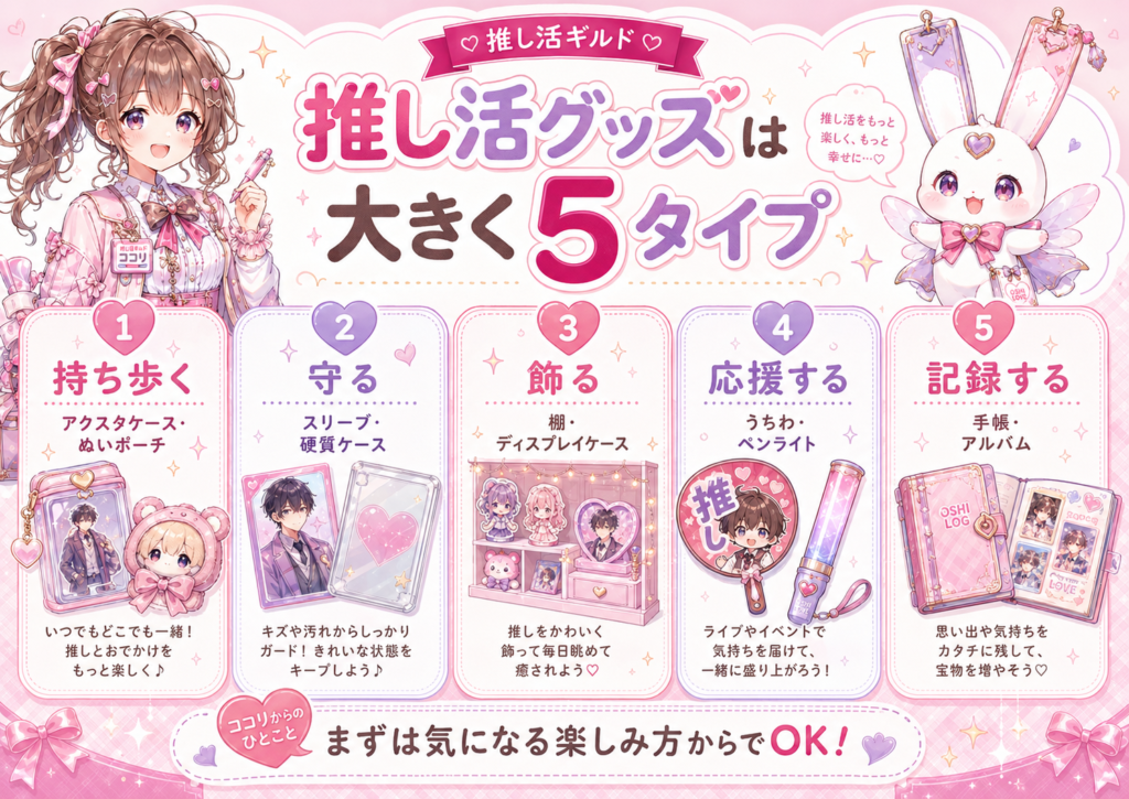 推し活グッズを持ち歩く・守る・飾る・応援する・記録するの5タイプに分けた図解