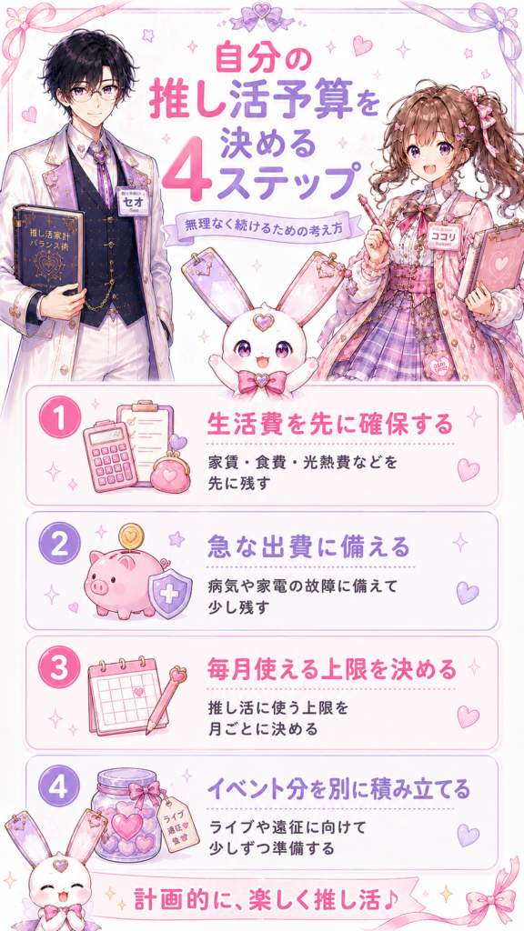 生活費の確保からイベント積立まで推し活予算を決める4ステップをまとめた図解