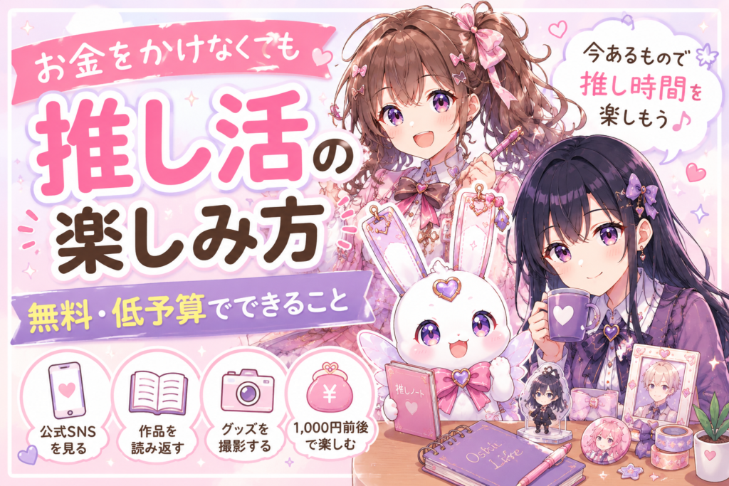 お金をかけずに楽しめる推し活や無料・低予算でできることを紹介する記事のサムネイル画像
