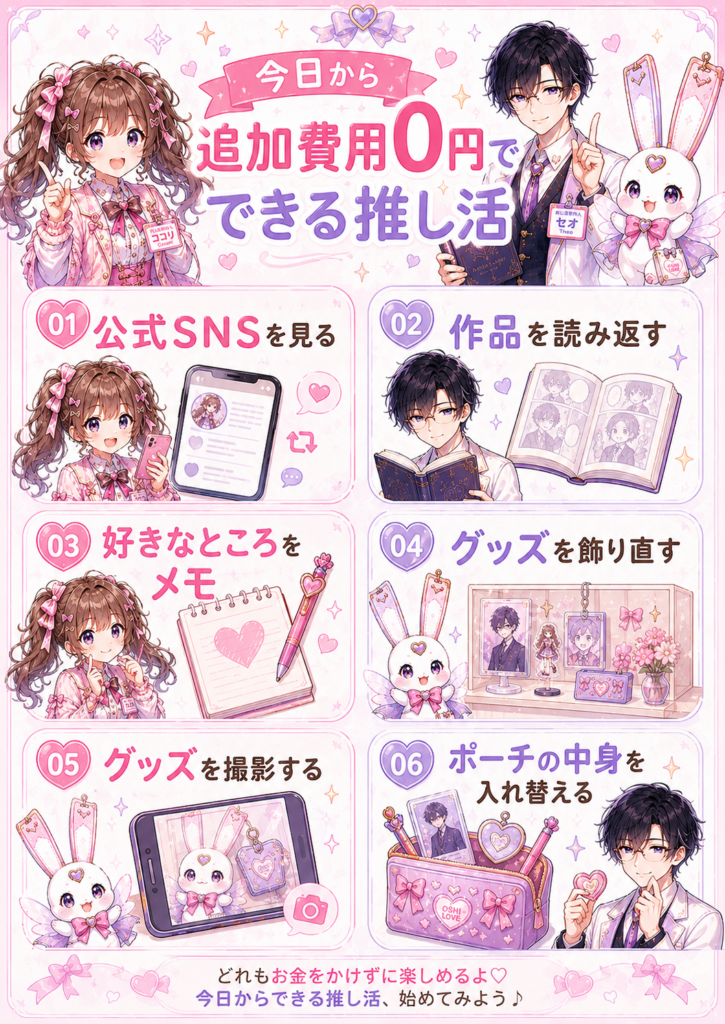 公式SNSを見る、作品を読み返す、グッズを飾り直すなど、追加費用0円でできる推し活をココリ、セオ、ピピィが紹介している図解