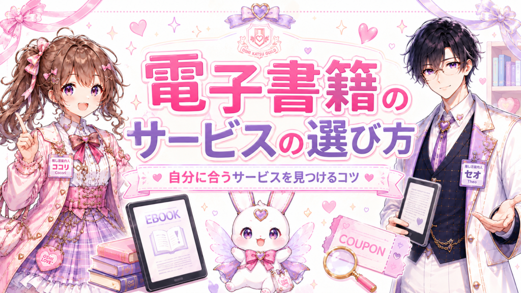 ココリ・セオ・ピピィと一緒に漫画を読む人向けの電子書籍サービスの選び方を紹介するアイキャッチ画像