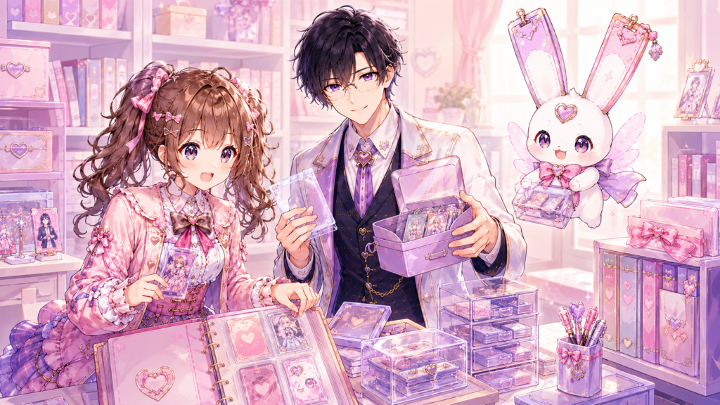 ココリとセオがカードケースや収納用品を見比べながら推し活グッズを選んでいる様子