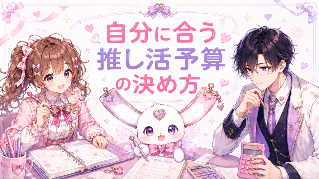 ココリとセオとピピィがカレンダーや電卓を使って推し活予算を考えているイラスト