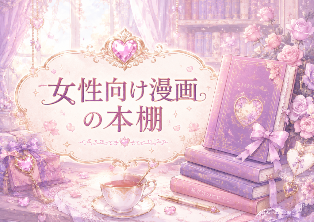 やさしく華やかな雰囲気で女性向け漫画の世界観を表現した、推し活ギルドの女性向け漫画カテゴリ用カード画像