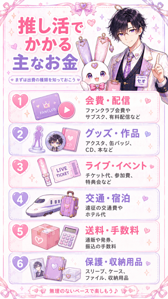 会費・配信、グッズ、イベント、交通費など推し活でかかる主なお金をまとめた図解