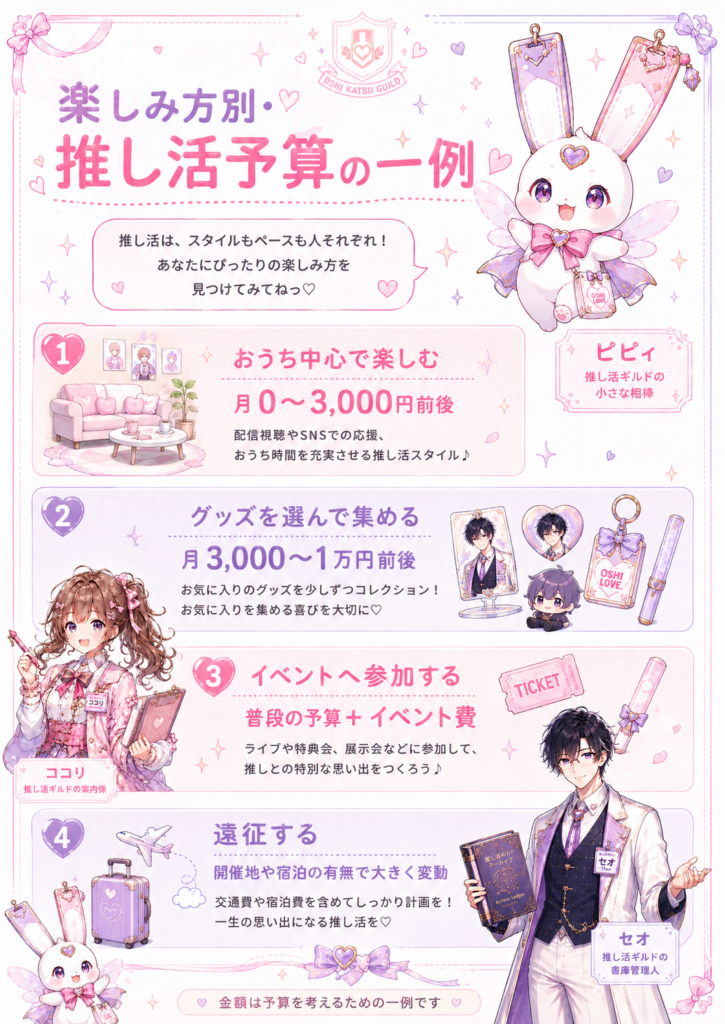 おうち中心、グッズ収集、イベント参加、遠征の楽しみ方別に推し活予算の一例を示した図解
