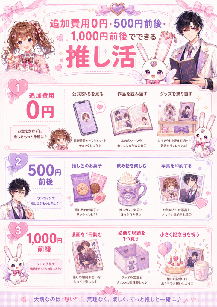 追加費用0円、500円前後、1,000円前後でできる推し活の楽しみ方をココリ、セオ、ピピィと一緒にまとめた図解