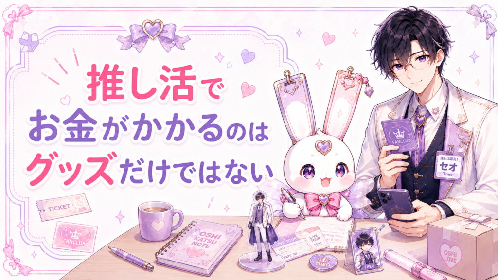推し活でグッズ代以外にかかるお金をセオとピピィが整理しているイラスト