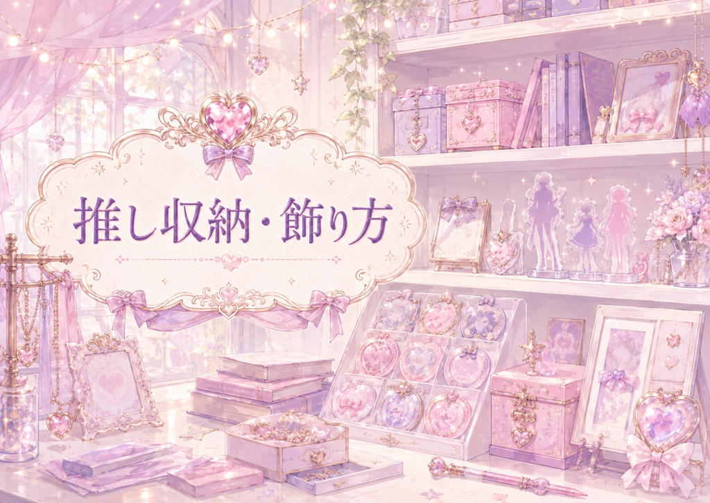 推しグッズの収納や飾り方をイメージした、おしゃれで可愛い推し活ギルドの収納カテゴリ用カード画像