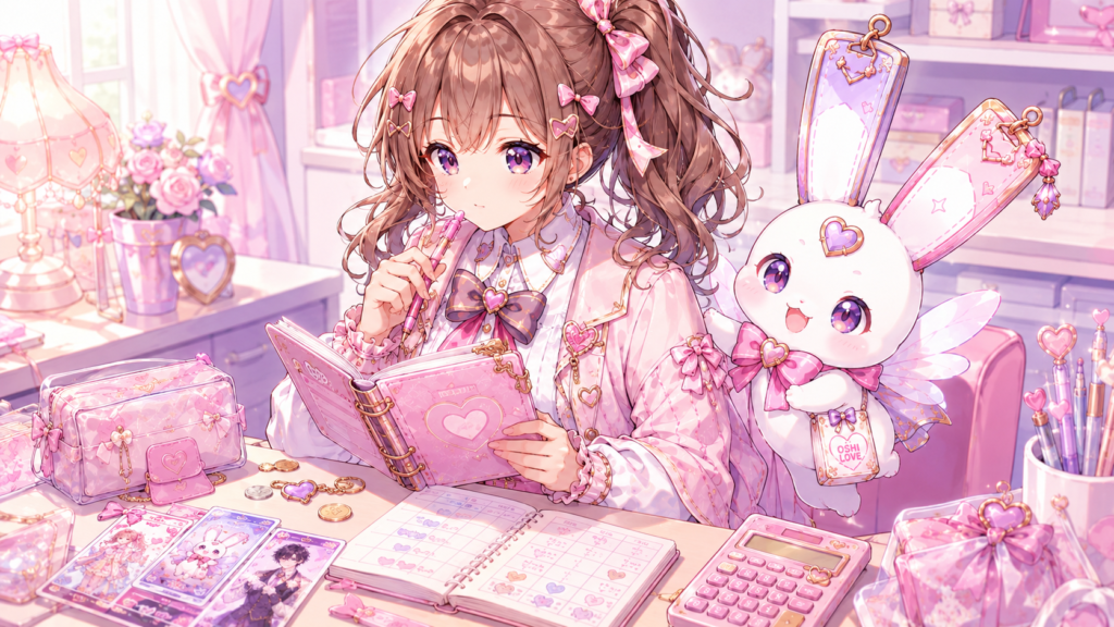 ココリが手帳と電卓を使いながら推し活グッズの予算や購入予定を考えている様子