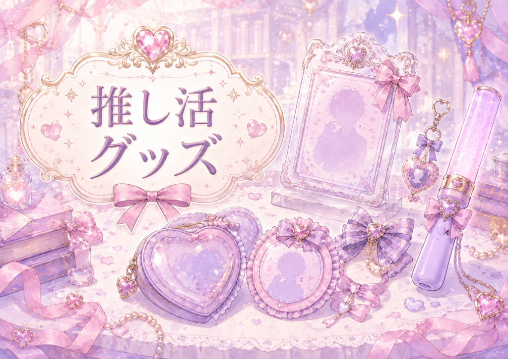 かわいい推し活グッズやアイテムの世界観を表現した、推し活ギルドの推し活グッズカテゴリ用カード画像