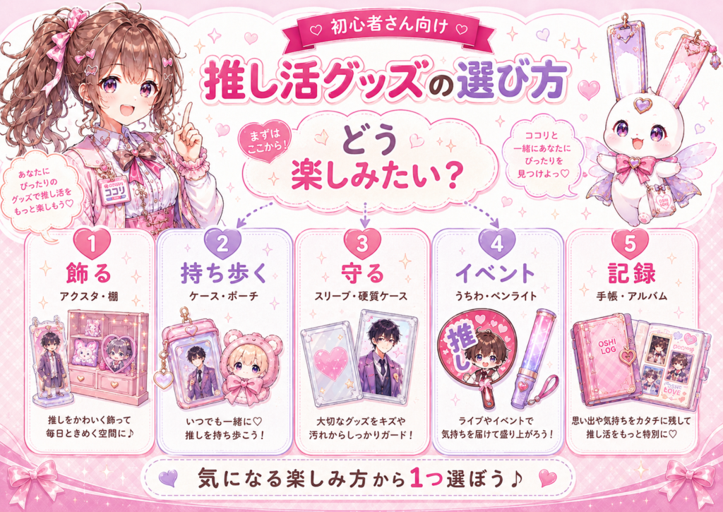 飾る・持ち歩く・守る・イベントで使う・記録する目的から推し活グッズを選ぶ初心者向け図解