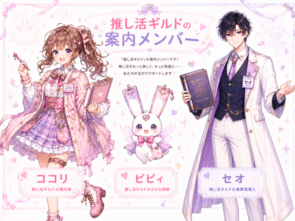 推し活ギルドのキャラクター紹介画像。案内係のココリ、書庫管理人のセオ、小さな相棒のピピィを紹介しています