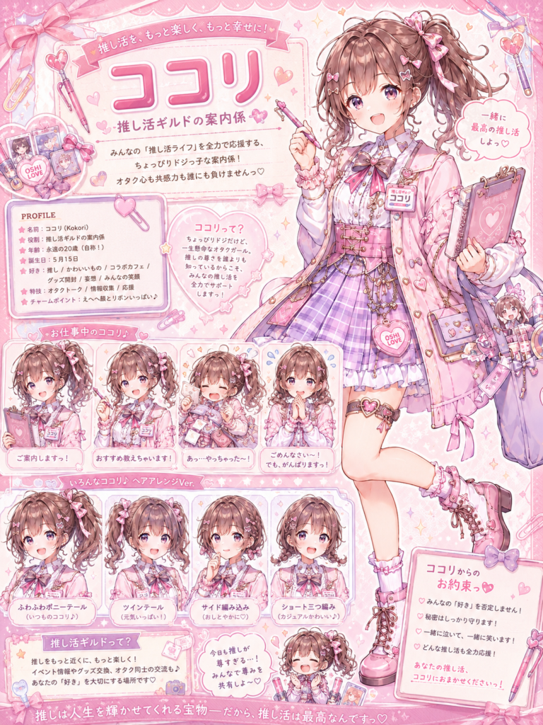 推し活ギルドの案内係ココリのキャラクター紹介画像。明るく元気なココリがさまざまな表情やポーズで描かれている