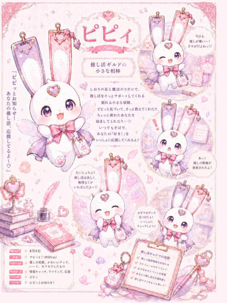 推し活ギルドの小さな相棒ピピィのキャラクター紹介画像。しおりの耳とリボンをつけた白いうさぎ風の妖精が、推し活を応援している
