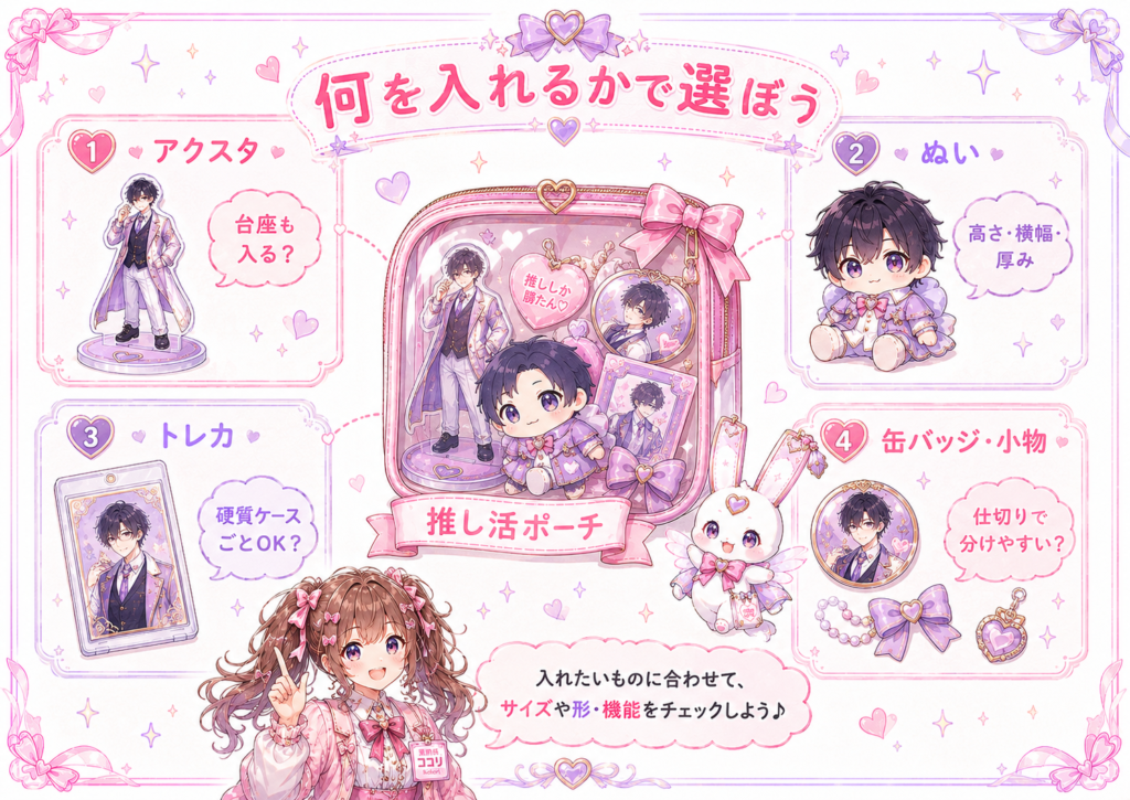アクスタ・ぬい・トレカ・缶バッジなど、入れたい推しグッズに合わせた推し活ポーチの選び方